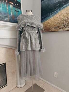 Off-Shoulder Grey Ribbed Sweater with Faux Fur Trim( New With Tags)